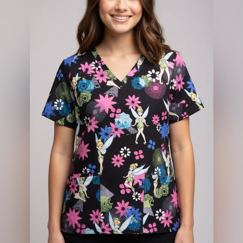 Disney Women’s Black Floral Tinker Bell Scrub Top  | Size XS